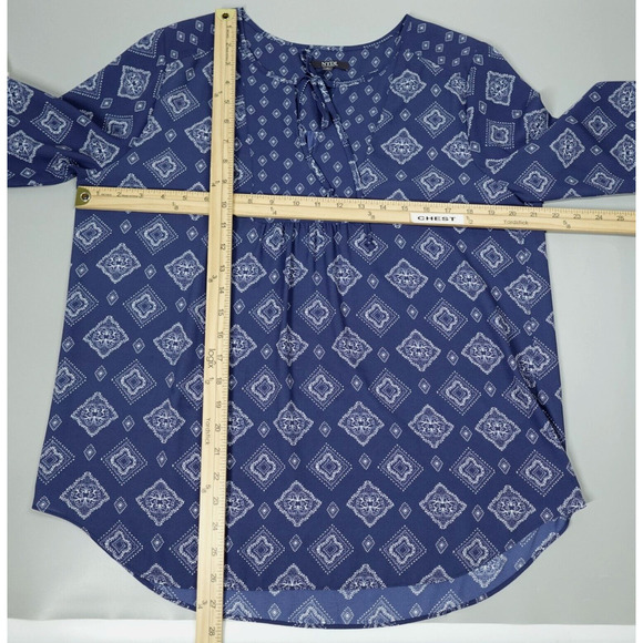 NYDJ Peasant Top Womens Small Blue Geo Print Flowy Boho Chic - Picture 11 of 14